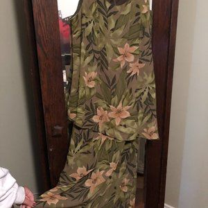 Long Green and Beige Flowered Dress